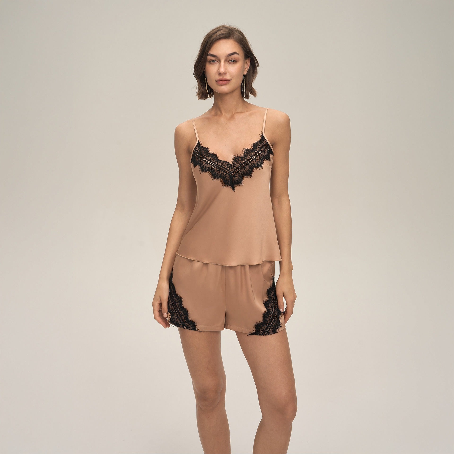 Minglo Women's Satin Pajama Set, Lace Camisole Sleepwear