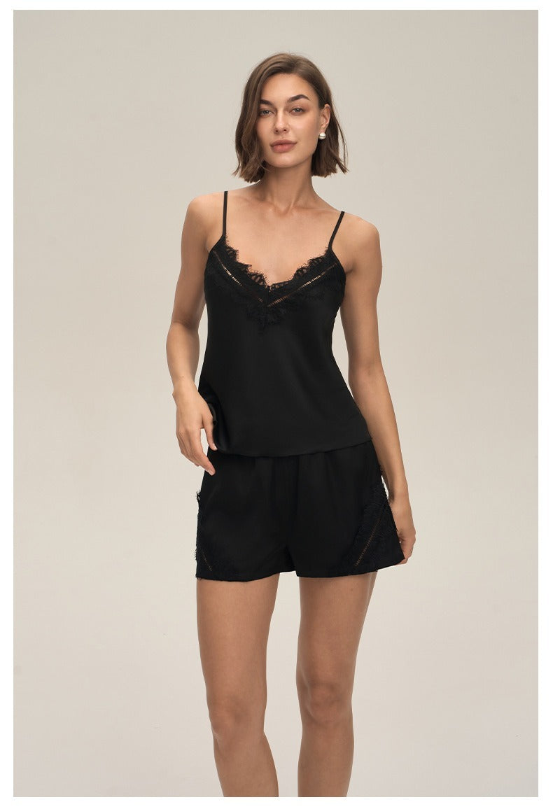 Minglo Women's Satin Pajama Set, Lace Camisole Sleepwear