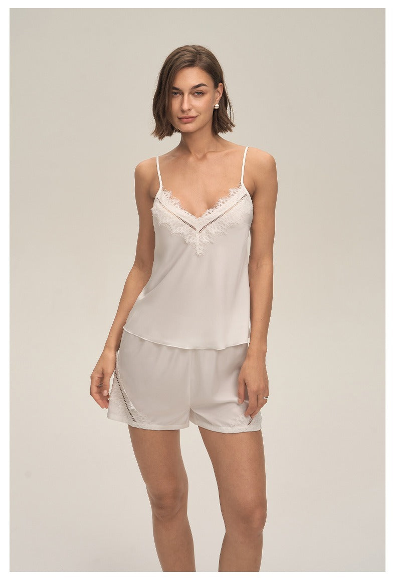 Minglo Women's Satin Pajama Set, Lace Camisole Sleepwear