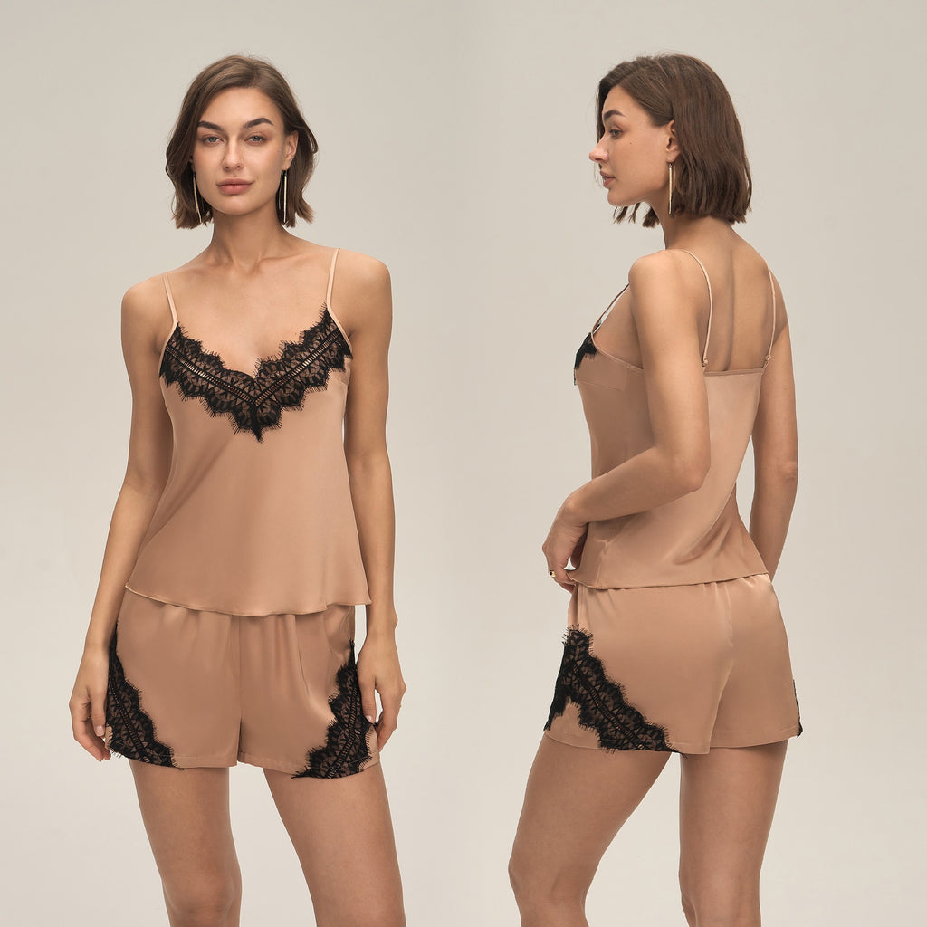 Minglo Women's Satin Pajama Set, Lace Camisole Sleepwear
