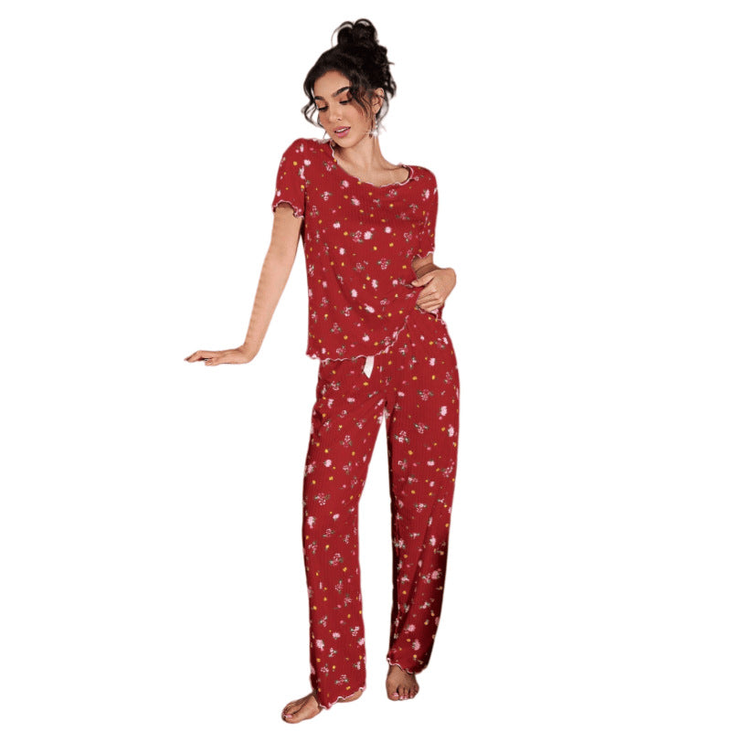 Minglo Women's Floral Ribbed Jacquard Pajama Set, Short Sleeve Sleepwear