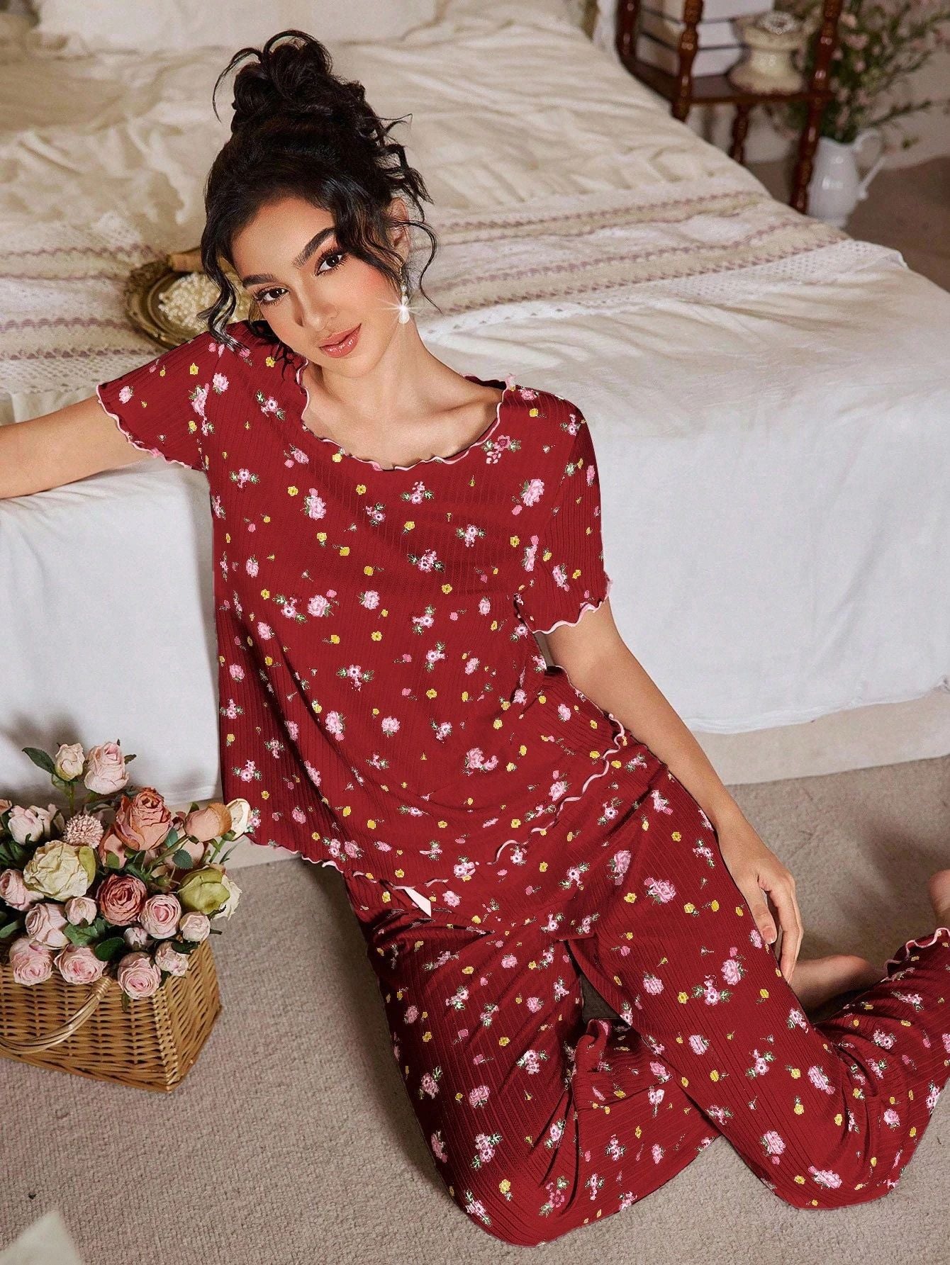 Minglo Women's Floral Ribbed Jacquard Pajama Set, Short Sleeve Sleepwear