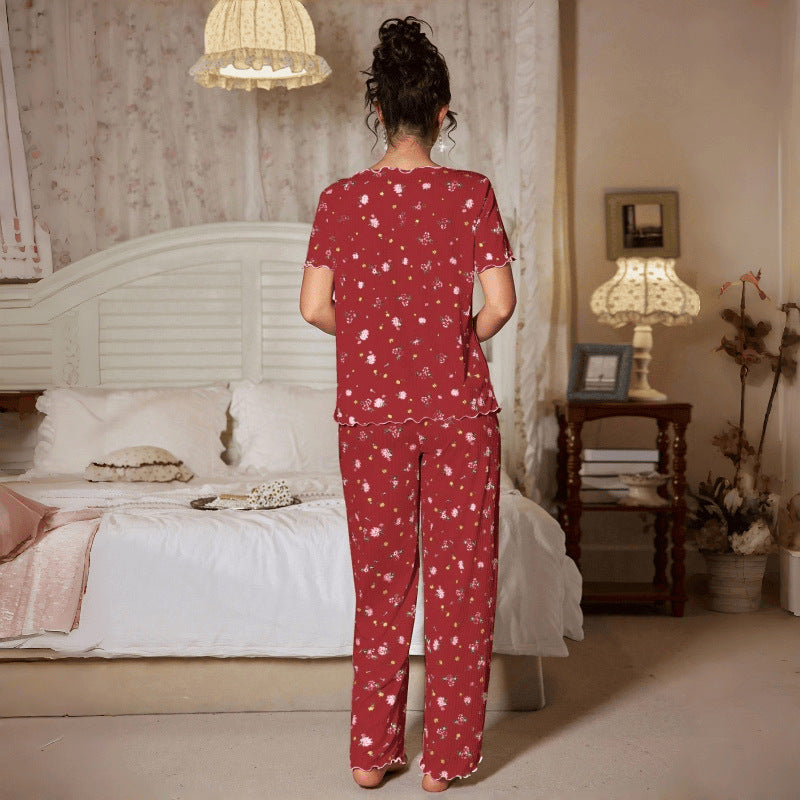 Minglo Women's Floral Ribbed Jacquard Pajama Set, Short Sleeve Sleepwear
