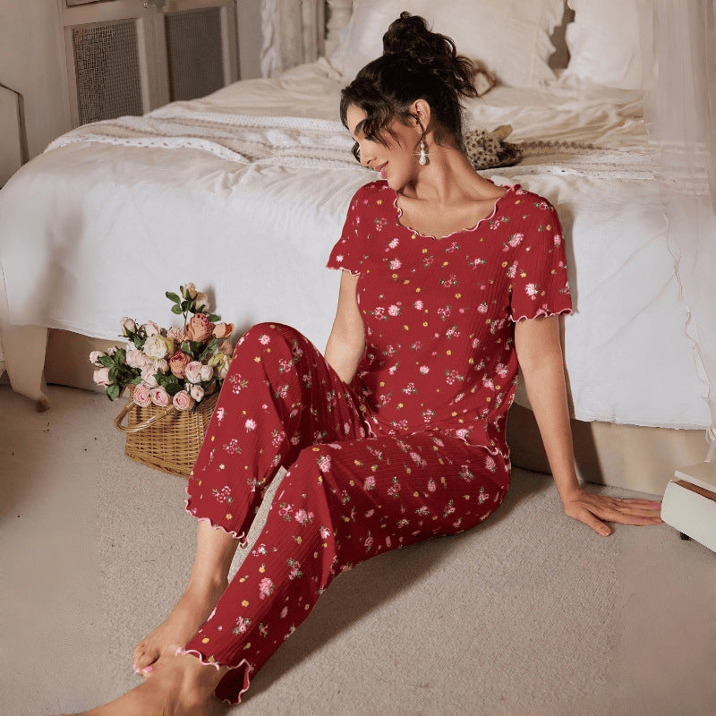 Minglo Women's Floral Ribbed Jacquard Pajama Set, Short Sleeve Sleepwear