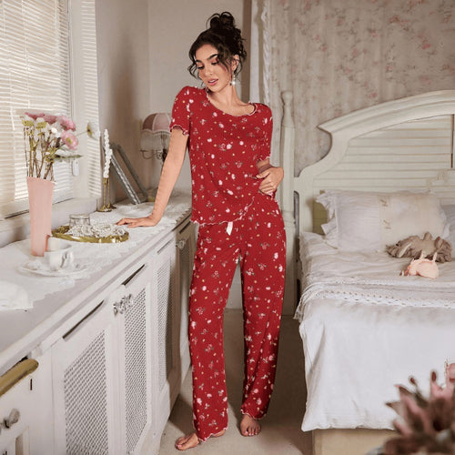 Minglo Women's Floral Ribbed Jacquard Pajama Set, Short Sleeve Sleepwear